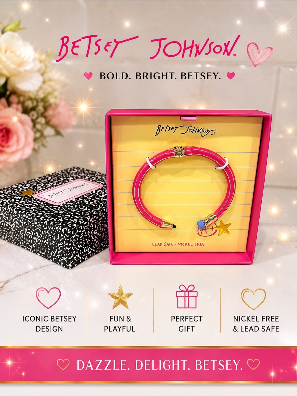 Betsey Johnson Hot Pink Enamel Charm Bangle with Gold Accents